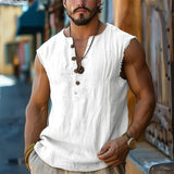 Wiaofellas  -  Men's Retro V-Neck Tank Top Summer Solid Color Casual Sleeveless Loose T-Shirt Outdoor Vacation Basic Top For Men