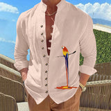 WIAOFELLAS  -  Men's Retro Style Long-Sleeved Shirt Stand-Up Collar Button up Parrot 3D Print Spring Autumn Fashionable Casual Shirt