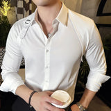 WIAOFELLAS  -  High End Strap Design Solid Color Shirts for Men Fashion Gentleman Long Sleeve Men Dress Shirt Luxury Lapel Chemise Social Homme