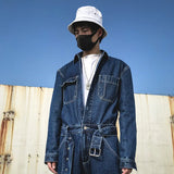Wiaofellas Vintage Jeans Loose Cargo Wide-leg Jeans Japan Korea Blue Denim Jumpsuit Pockets Belt High Street Overalls Trendy Wear