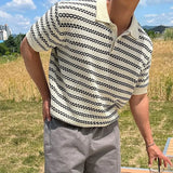 WIAOFELLAS  -  Summer New Fashion Men's Striped Turn-down Collar Short Sleeve Casual Trendy Loose Hollowed Out T-shirts Male Vintage Tops