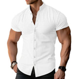 WIAOFELLAS  -  Summer Men's Casual Shirts Short Sleeve Fashion Solid Stand Collar Single Breasted Man Cotton Linen Thin Breathable Beach Shirt