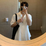 Wiaofellas  -  Men's Summer Cuban Collar Short Sleeve Shirt - Loose Fit Korean Style Casual Beach Resort Button Down Top
