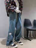WIAOFELLAS  -  Spring Autumn Cargo Jeans Men Straight Loose Stitching Design Sense Niche Korean Streetwear All-match Wide-leg Denim Pants Mens