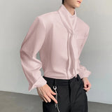 WIAOFELLAS  -  Men Shirt Solid Color Stand Collar Long Sleeve Men Clothing With Tie Streetwear Loose 2026 Fashion Casual Men Clothing