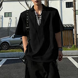 Wiaofellas  -  Men Shirt Lapel Short Sleeve Patchwork Lace Up Casual Men Clothing Streetwear Korean Style Summer Fashion Male Tops