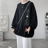 Wiaofellas  -  Japanese Large Pockets Solid Color Sweater Trend Design Sense Round Neck Long Sleeve Autumn Loose Fashion Women Men Clothing