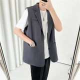 Wiaofellas  -  Grey Black Suit Vest Men Fashion Social Mens Dress Vest Korean Loose Sleeveless Blazer Mens Jacket Office Formal Vest M-2XL