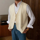 WIAOFELLAS  -  Mens Vintage Homemade British Autumn And Winter Trendy Brand Knitted Casual Versatile Double-Row Vest Cardigan Retro Waistcoat