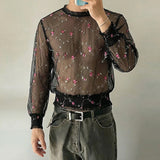 Wiaofellas  -  Men's T Shirt Mesh Flower Embroidery See Through Male Vests Streetwear Summer Sexy Long Sleeve O-neck Men Clothes