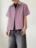 Wiaofellas  -  Trendy Mens Short Sleeve Shirt Tops Spring Summer Vintage Plaid Printing Shirts Men Casual Button-up Turn-down Collar Shirt