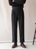 WIAOFELLAS  -  Trendy Men's High Waist Trousers Vintage Slim Straight Suit Pants Spring Autumn Fashionable Waffle Textured Mens Slim Trousers