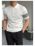 WIAOFELLAS  -  Fashionable temperament lapel polo shirt casual slim fit white short-sleeved knitted sweater high elasticity and comfort