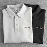 WIAOFELLAS  -  Blended bead fabric heavy polo shirt men simple small letters embellished American casual loose short sleeves