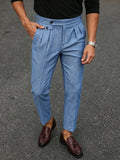 Wiaofellas  -  SS Men's Italian Neapolitan Suit Trousers,Woven Double Pleat Pocket Button High Waist Straight Leg Business Casual Pants