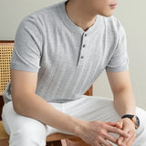 Wiaofellas  -  Brand Laisel Linen Knitted T-shirt Men's Short Sleeved Slim Casual Business Polo Shirts Round Neck Social Versatile Base T-shirt
