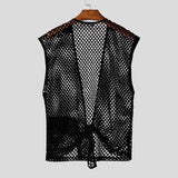 WIAOFELLAS  -  Summer Men Tank Tops Mesh Hollow Out Sleeveless V Neck Lace Up Male Vests 2025 See Through Vacation Cardigan Men S-5XL