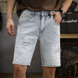 Wiaofellas  -  The new summer fashion men's washed and ground white ripped denim shorts men's slim straight casual five-point medium pants