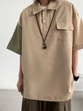Wiaofellas  -  Ice Silk Quick Dry Workwear Shirt Loose Fit Casual Short Sleeve Half Open Collar Unisex Street Style Patchwork  Shirt