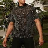 Wiaofellas  -  Party Fashion Mens Mesh T Shirt Spring Long Sleeve Crew Neck Pullover Vintage Shinny Embroidery Mesh Tops Sexy Mens Slim T-shirt