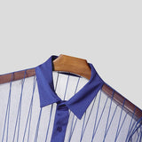 Wiaofellas  -  Men's Sets Mesh Patchwork Striped See Through Long Sleeve Shirt Pants Two Piece Sets Sexy Fashion Men Matching Sets