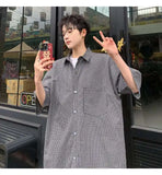 WIAOFELLAS  -  Trendy Men's Plaid Spliced Pocket Short Sleeve Loose Shirts Fashion Summer Lapel Single-breasted Blouses Male