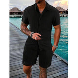 WIAOFELLAS  -  Fashion Men Two Piece Sets Cardigan Short Sleeve Lapel Shirts And Short Pant Men Stripe Outfit Summer Casual Loose Suit