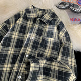 WIAOFELLAS  -  Hong Kong Style Shirt Men's, Plaid Long Sleeve, Retro Loose Fit, Navy Blue