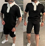 WIAOFELLAS  -  New Summer Men's Suits Short-sleeve Zip Polo Shirt And Shorts Two Piece Sets Casual Clothing Patchwork Color Sportswear
