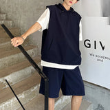 WIAOFELLAS  -  Niche Design Men's Two-piece Solid Color Drawstring Sleeved Hooded T-shirts Straight Wide Leg Loose Male Shorts