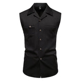 WIAOFELLAS  -  Men's Sleeveless Lapel Solid Color Shirt American Fashion Trend Simple Slim Breathable Business Daily Summer New Men's Tops