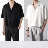 Wiaofellas  -  Ice Silk Short-sleeved Shirts Men's Non-ironing Drape Solid Color Five-quarter Sleeve Shirt Oversized All-match Loose T-shirt