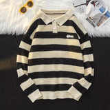 WIAOFELLAS  -  Retro POLO Lapel Striped Sweater Men's College Contrasting Color Loose and Versatile