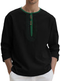 WIAOFELLAS  -  95% Linen Shirt Mens Patchwork Henry Collar Long Sleeved Pullover Top Spring Autumn Casual loose sports shirts Tee Streetwear
