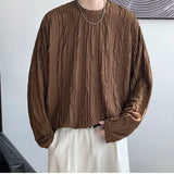 WIAOFELLAS  -  Japanese Style Long Sleeved T-shirt Spring Autumn Men's Textured Round Neck Pullover Sweatshirts Youth Foam Pleated Loose Top