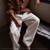 WIAOFELLAS  -  Korean style texture pleated ice silk casual pants for men's summer old money style drooping cleanfit wide-leg trousers