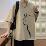 WIAOFELLAS  -  Men Short Sleeved T-shirt Suede Velvet Summer Cartoon Print Tops Loose Fitting Quarter Sleeves Leisure Time Cat Printing Hatless