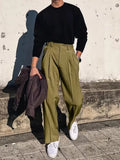 Wiaofellas  -  Streetwear Fashion Mens Suit Pants Spring Summer Casual Loose Straight Trousers Men Vintage Solid Belt-up High Waist Pants