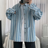 Wiaofellas   -  Oversized Men's Shirt Autumn New Striped Denim Shirt Korean Trend Handsome Loose Hole Long Sleeve Tops Vintage 2Y2321