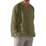 Wiaofellas  -  Men's Linen Shirt Solid Color Long Sleeve Breathable Tops V Neck Casual Blouse Hawaiian Shirt Loose Lightweight Shirts