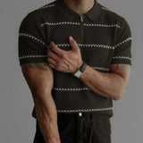 Wiaofellas  -  Summer Retro Striped Lapel Polo Shirt Men's Trendy Short Sleeved Knitted Sweater Pullover Slim Casual Business Social T-shirt