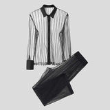 Wiaofellas  -  Men's Sets Mesh Patchwork Striped See Through Long Sleeve Shirt Pants Two Piece Sets Sexy Fashion Men Matching Sets