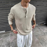 WIAOFELLAS  -  Long Sleeve Mens Knit T Shirts Vintage Solid Color Button Henley Collar T-shirt Spring Autumn Casual Waffle Plaid Textured Tops