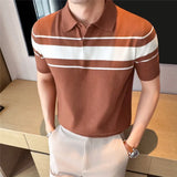Wiaofellas  -  Ice Silk Cool Striped Knitted Polo Shirt for Men's Summer Collar Short Sleeved T-shirt Versatile Business Casual Social T-shirts