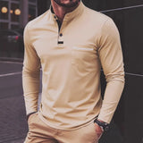 Wiaofellas  -  Men Stand Collar Henry Long Sleeve Polo Shirt Soft Fabric Pocket Casual Spring Daily Tops