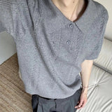 Wiaofellas  -  Summer Men Knitted Polo Shirt Retro Wheat Jacquard Solid Color Short Sleeve T-shirt Korean Casual Light Luxury Textured Knitwear