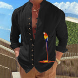WIAOFELLAS  -  Men's Retro Style Long-Sleeved Shirt Stand-Up Collar Button up Parrot 3D Print Spring Autumn Fashionable Casual Shirt