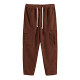 Wiaofellas  -  Autumn Fashion Multi Pockets Corduroy Pants Men Streetwear Casual Solid Color Cargo Pants Stylish Mens Drawstring Lace-up Pants