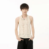 Wiaofellas  -  Men's Wear Summer Solid Color Round Neck Hollow Out Knitted Vest Casual Korean Style Streetwear Tank Top Sleeveless T-shirt