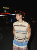 Wiaofellas  -  Contrast striped hollowed out tank top men summer loose knit  American sleeveless T-shirt  trendy handsome layer shoulder top